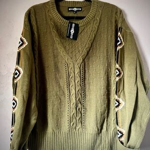 Vintage-Inspired Olive Cable Knit Sweater Western Aztec XL
